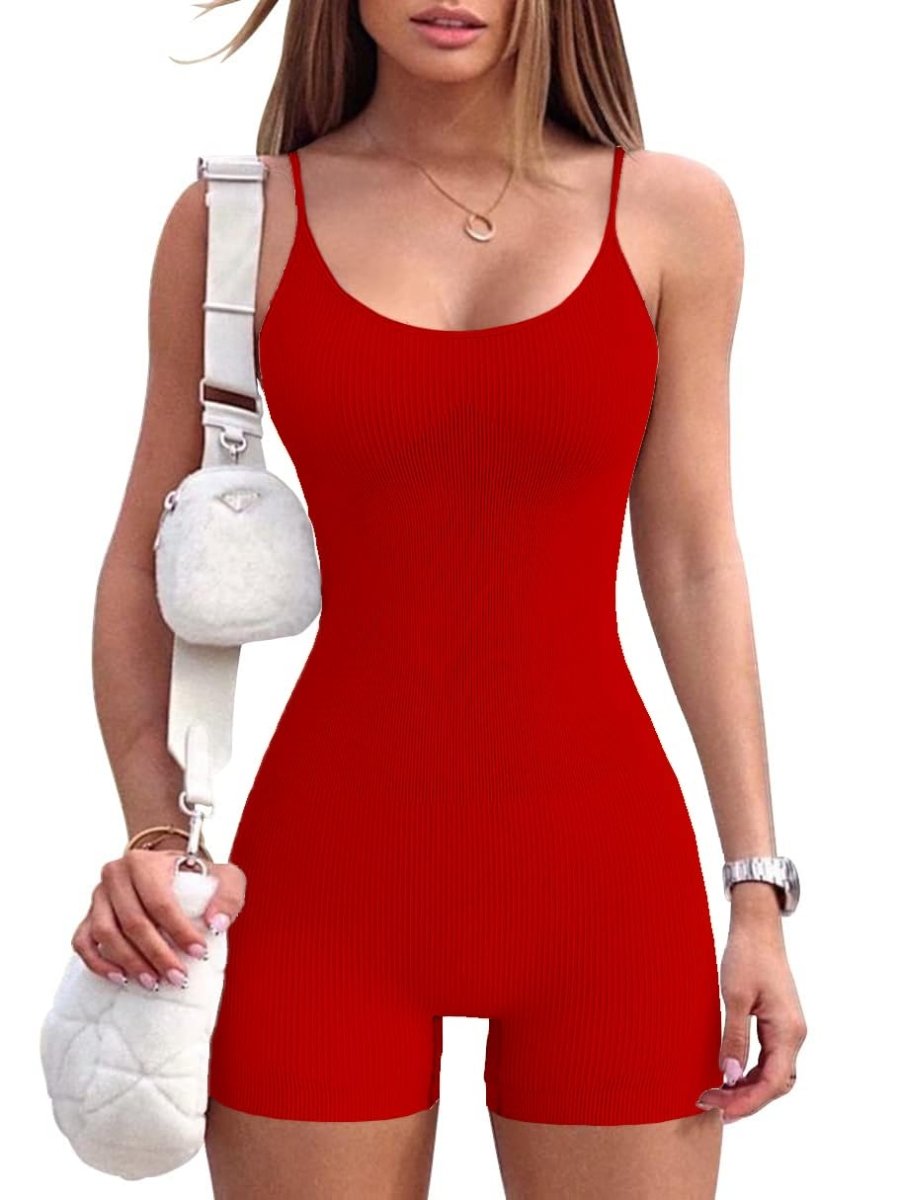 YIOIOIO Women Workout Seamless Jumpsuit Yoga Ribbed Bodycon One Piece Spaghetti Strap Shorts Romper - Wow Store