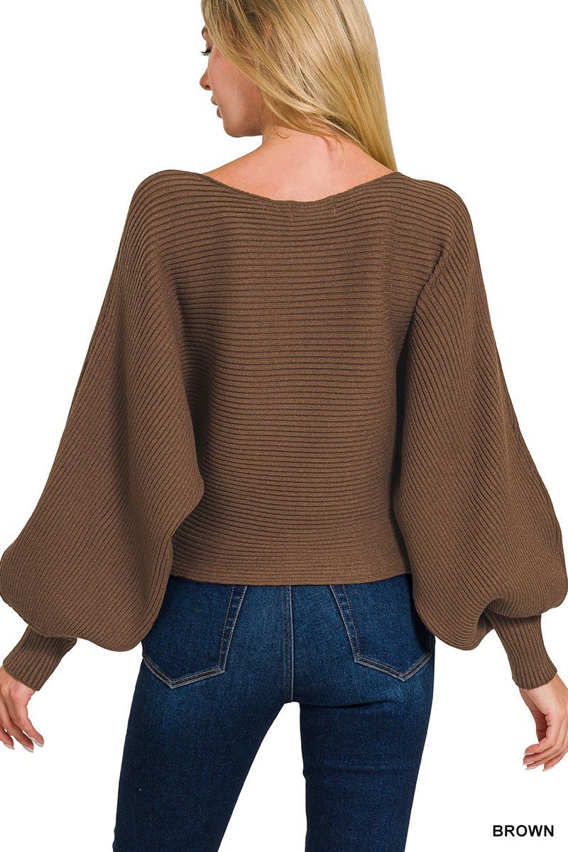 Zenana Boat Neck Balloon Sleeve Sweater - Wow Store