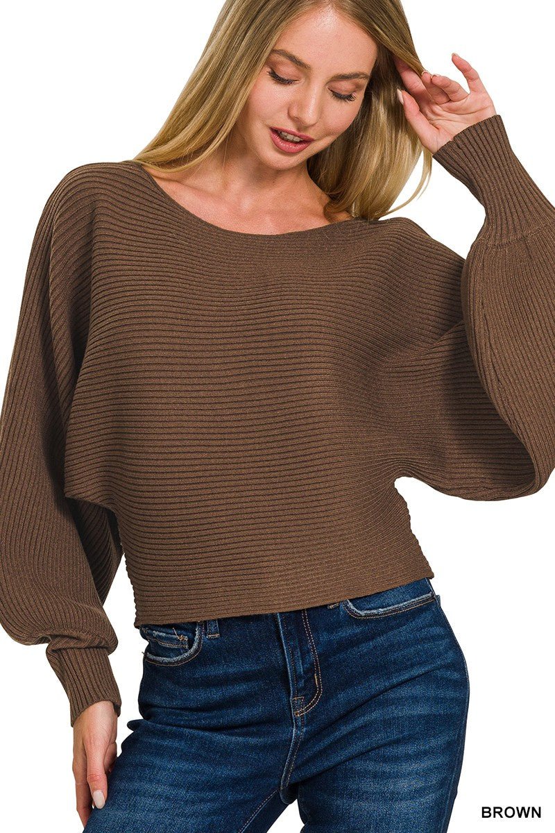 Zenana Boat Neck Balloon Sleeve Sweater - soft relaxed-fit women's top with balloon sleeves and boat neckline