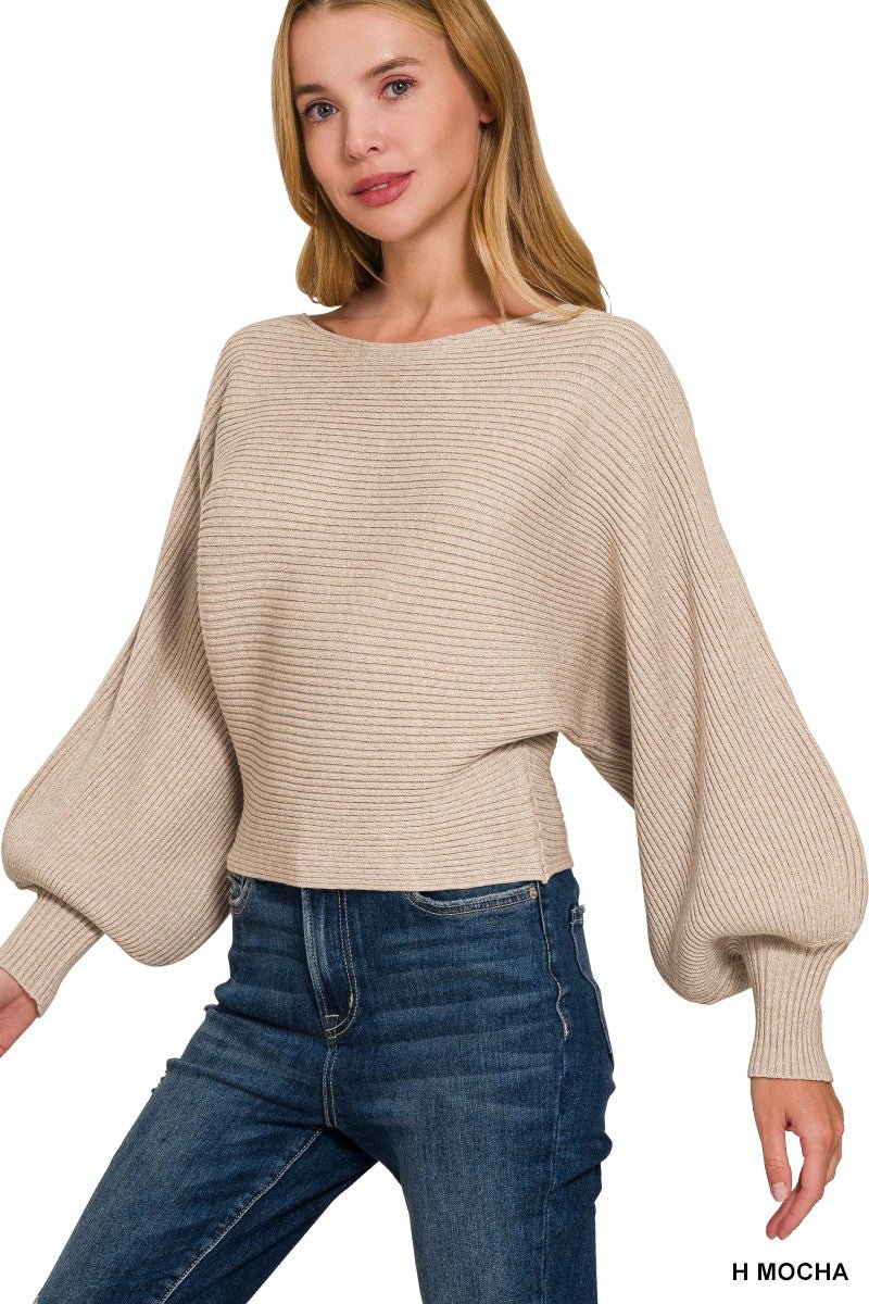 Zenana Boat Neck Balloon Sleeve Sweater - Wow Store