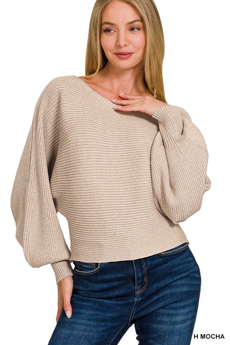 Model wearing Zenana boat neck balloon sleeve sweater in soft beige tone - relaxed fit knit top with voluminous sleeves