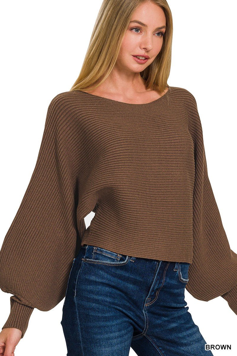 Zenana Boat Neck Balloon Sleeve Sweater - Wow Store