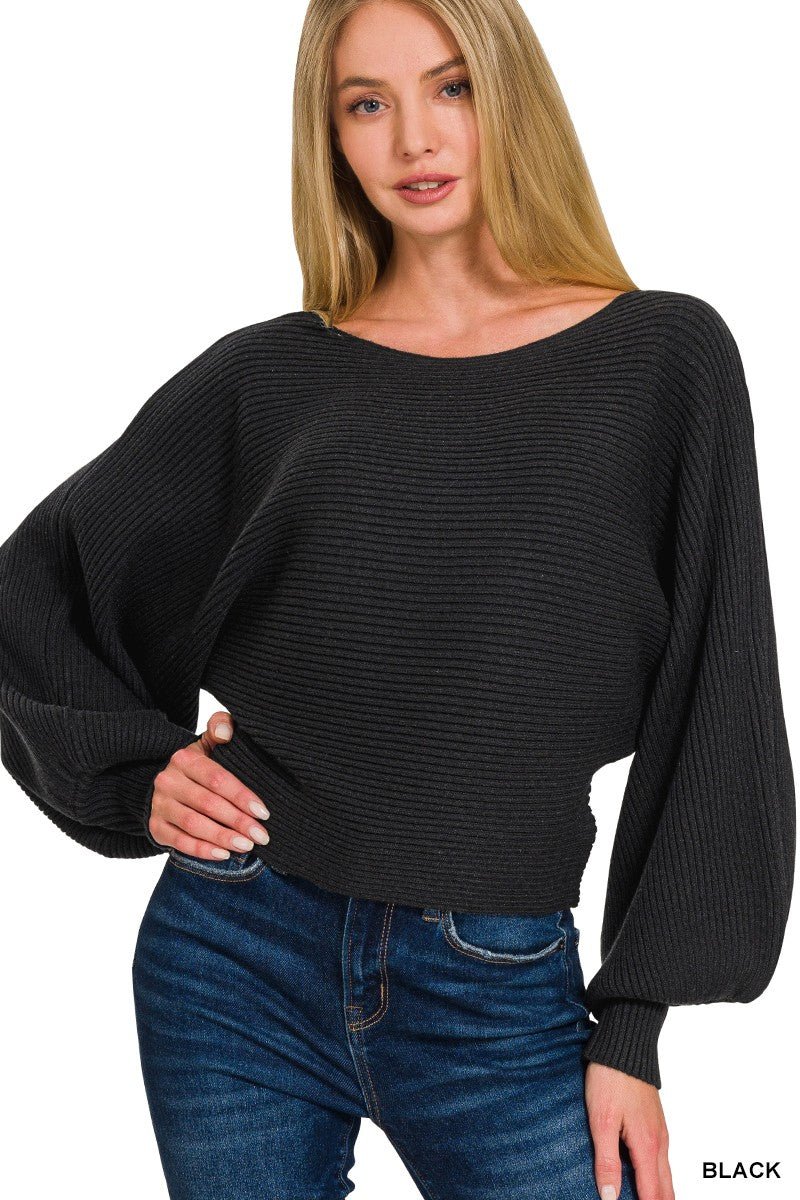 Zenana Boat Neck Balloon Sleeve Sweater in soft knit fabric, relaxed fit with flowing sleeves
