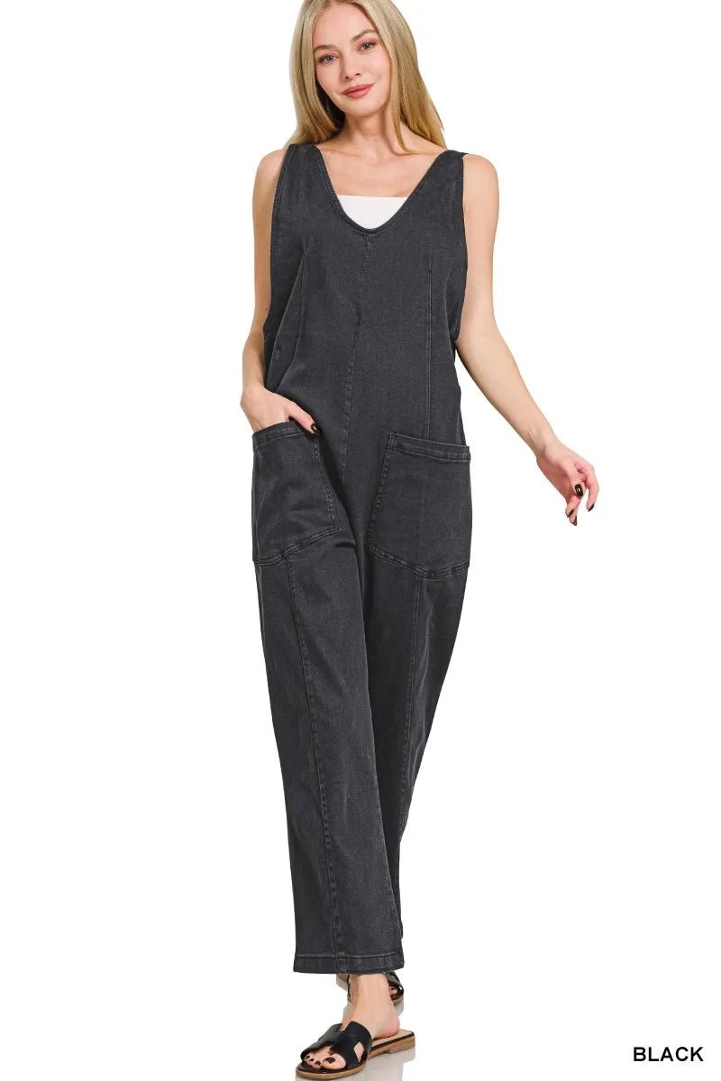 Zenana Casual Adjustable Strap Baggy Jumpsuit with Pocket in beige – loose-fit jumpsuit with side pocket and adjustable strap