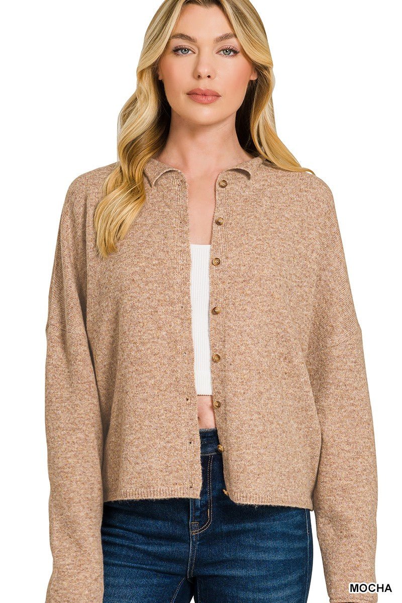 Zenana Collared Button Down Cardigan Sweater - Soft knit women's cardigan in a neutral tone