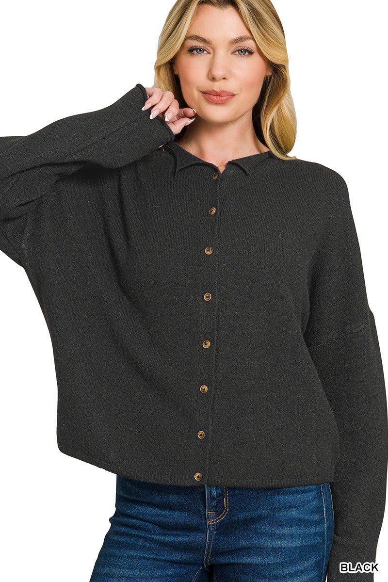 Zenana Collared Button Down Cardigan Sweater in soft knit fabric with relaxed fit and tailored collar