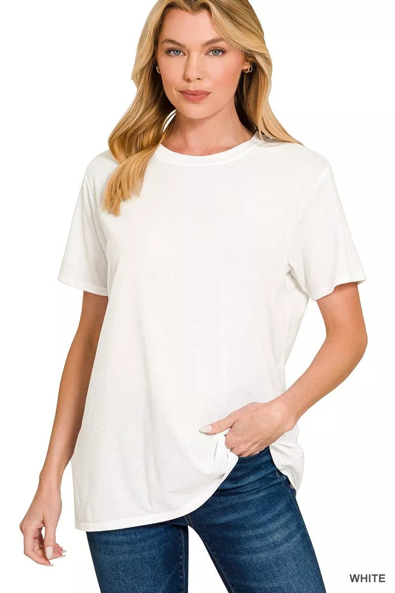 Zenana Cotton Boyfriend Round Neck Tee – soft cotton tee in light grey, relaxed boyfriend fit with round neckline