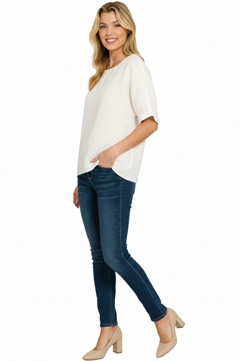Zenana Linen Round Neck Cuffed Sleeve Top - Wow Store