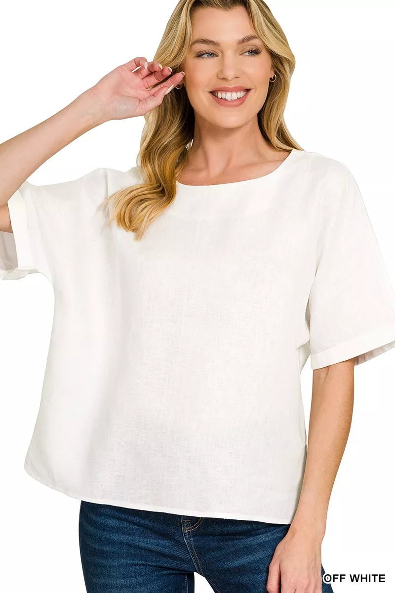 Zenana Linen Round Neck Cuffed Sleeve Top in natural beige – lightweight breathable top for warm weather