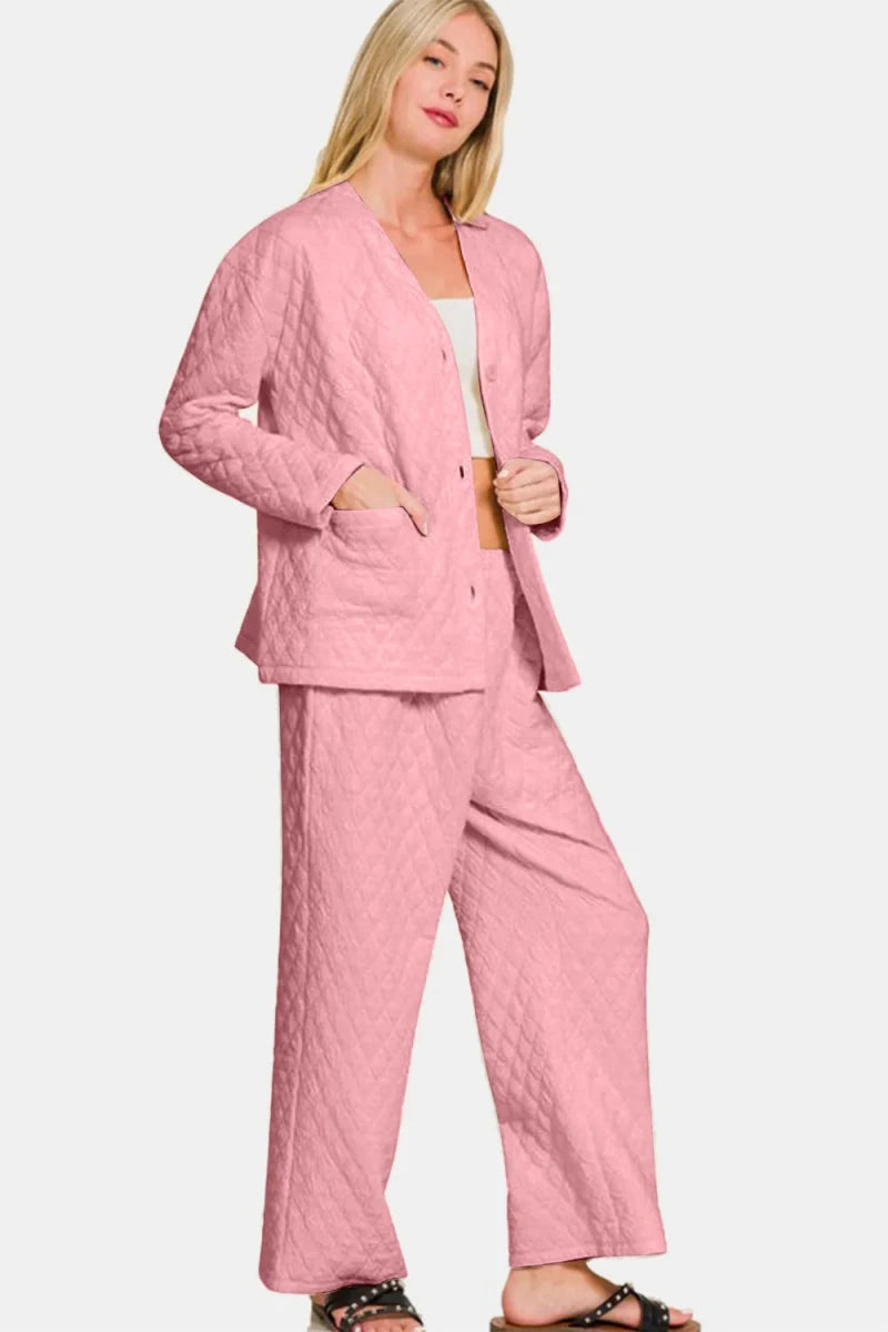 Zenana Quilted Button Up Long Sleeve Top and Pants Lounge Set - Wow Store