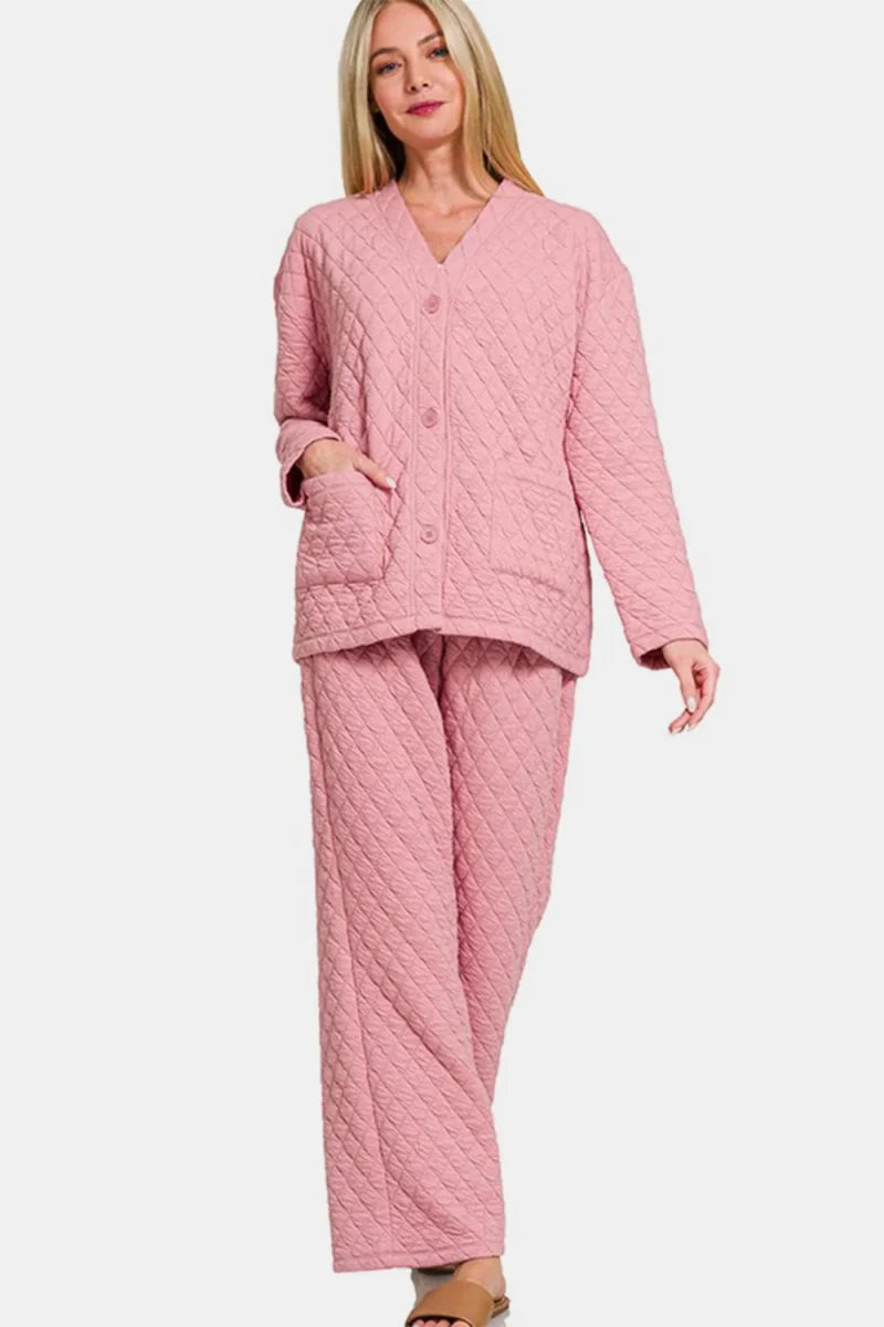 Zenana Quilted Button Up Long Sleeve Top and Pants Lounge Set in soft grey – cozy at-home wear from WowStore.live