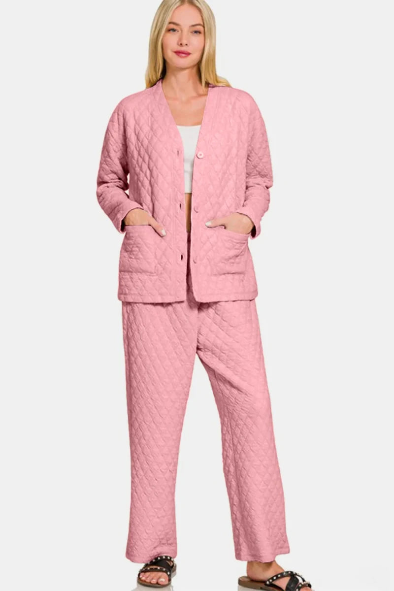 Zenana Quilted Button Up Long Sleeve Top and Pants Lounge Set - Wow Store