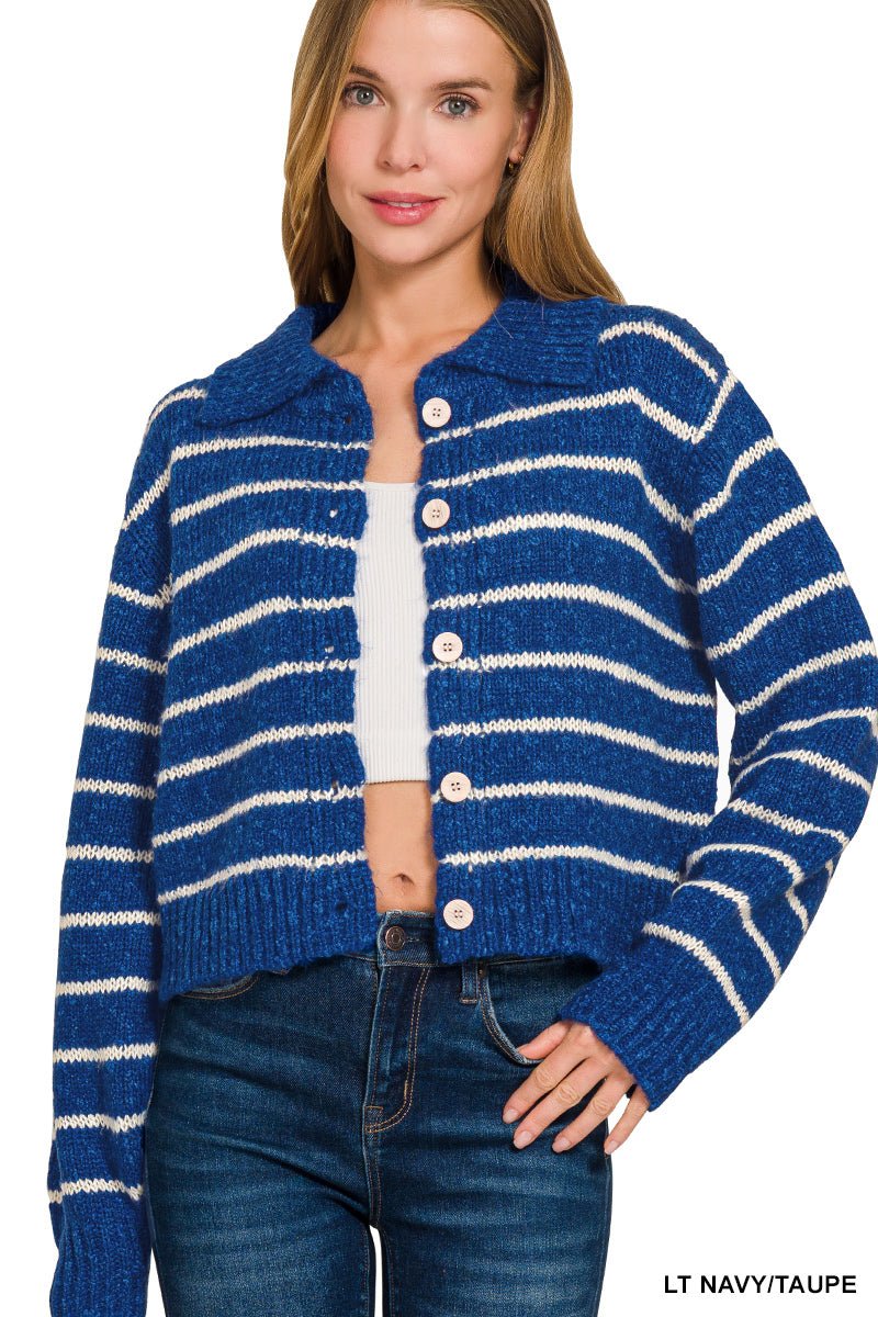 Zenana Striped Collared Button Down Sweater Cardigan - Wow Store