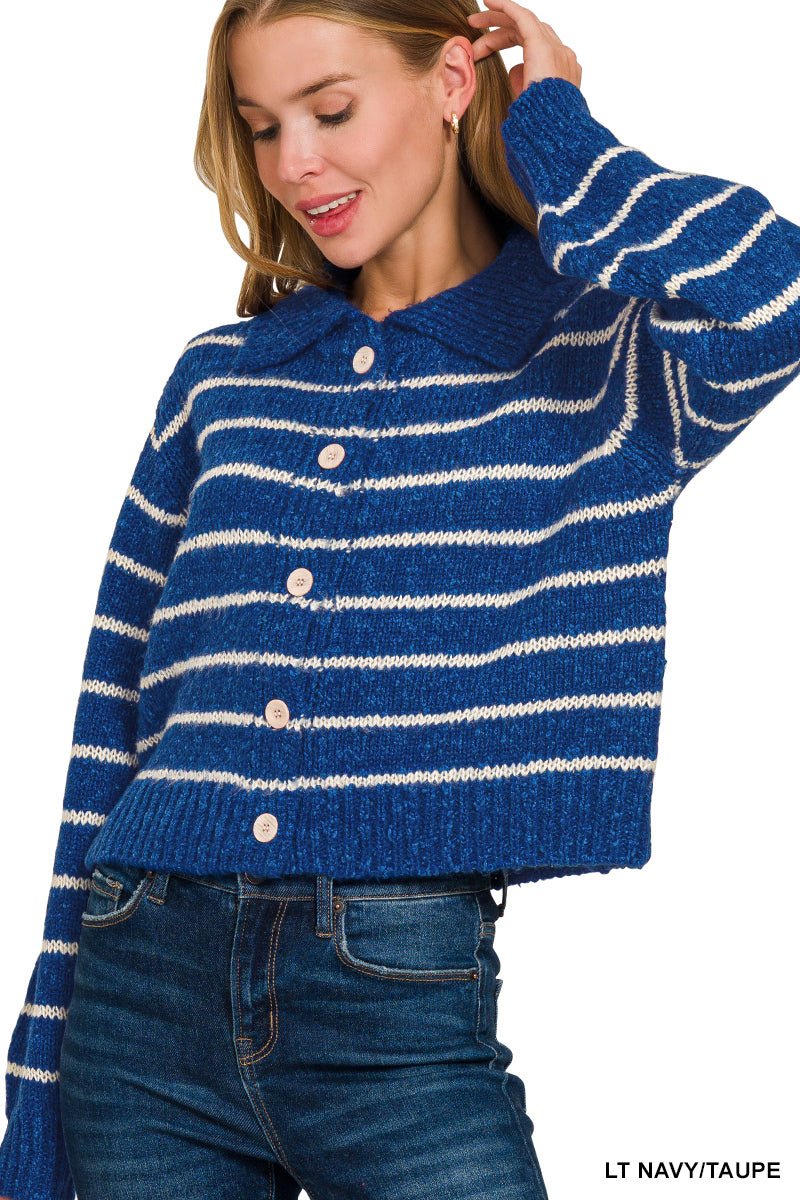 Zenana Striped Collared Button Down Sweater Cardigan - Wow Store