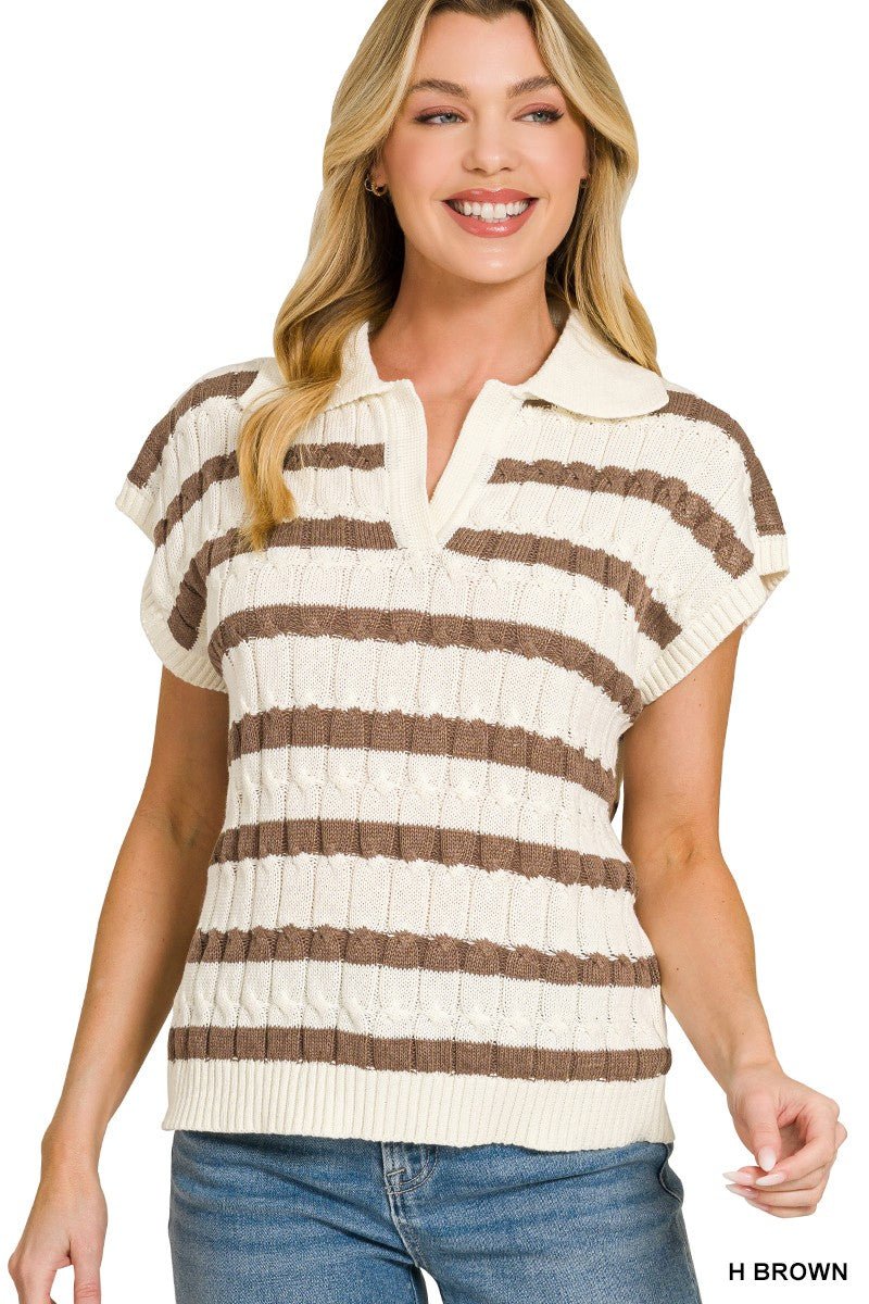 Zenana Textured Stripe Collared Sweater Vest - Wow Store