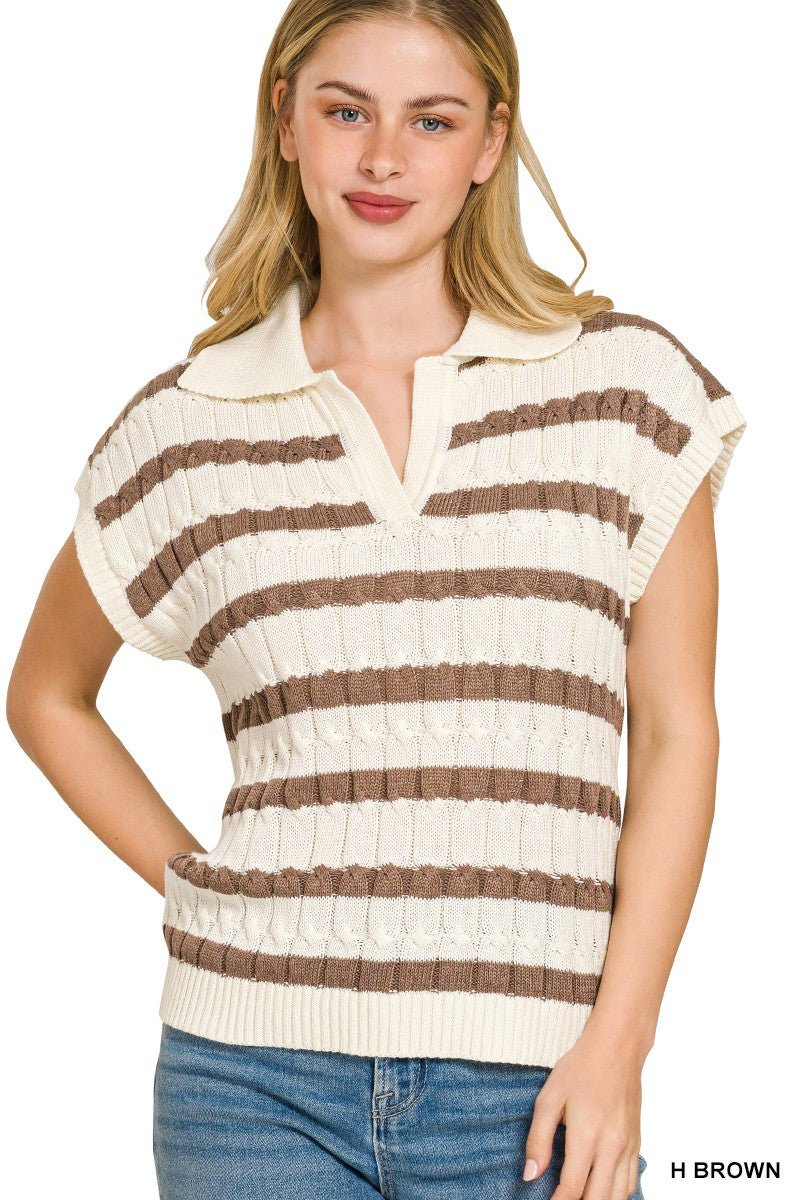 Zenana Textured Stripe Collared Sweater Vest in soft knit fabric with subtle horizontal stripes and V-neck collar