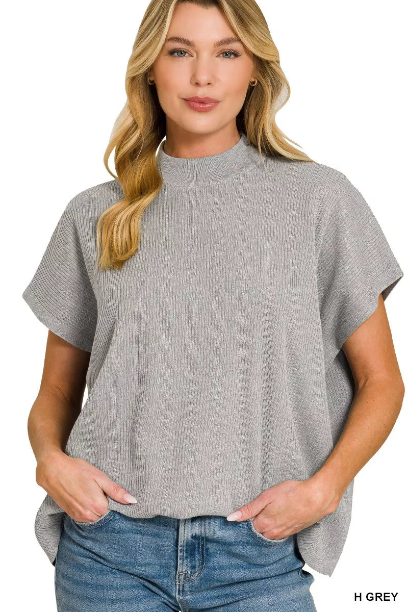 Zenana Viscose Mock Neck Short Sleeve Boxy Sweater in soft neutral tone, relaxed silhouette, perfect for casual everyday wear