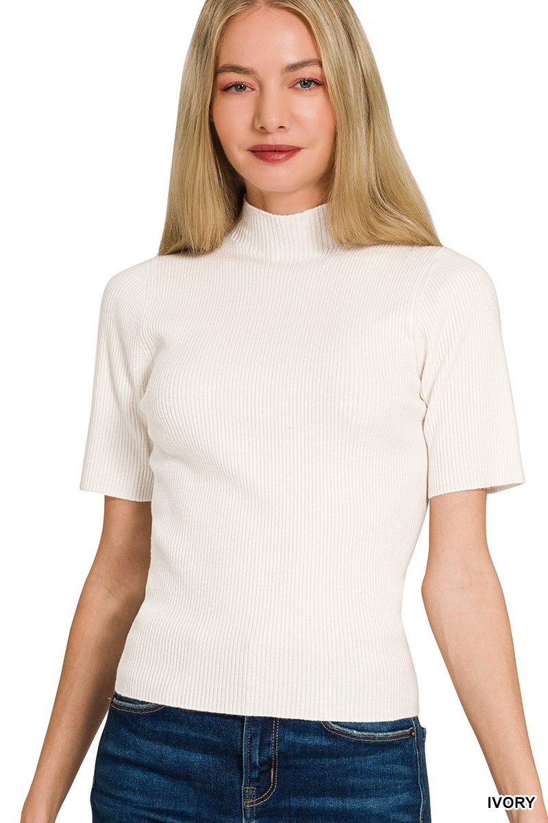Zenana Viscose Ribbed Mock Neck Sweater ivory pullover with short sleeves and fitted mock neck detail