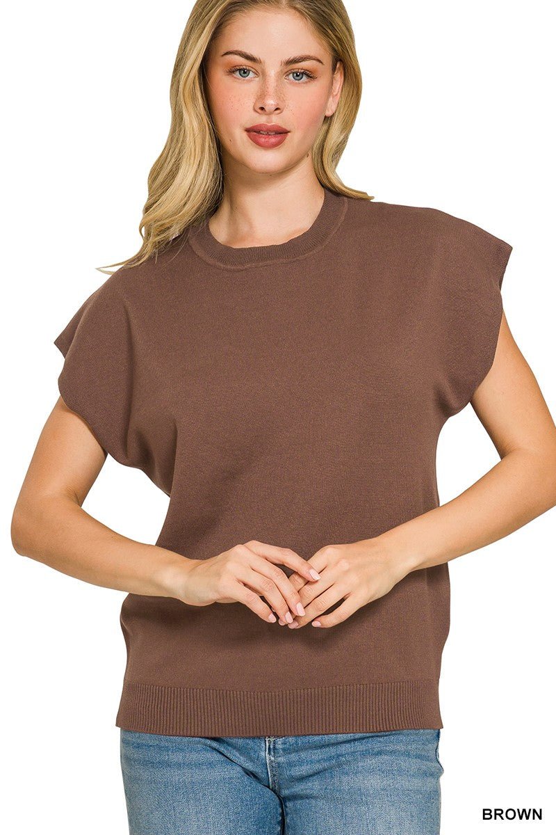 Zenana Viscose Round-Neck Short Sleeve Sweater in soft beige on a neutral background