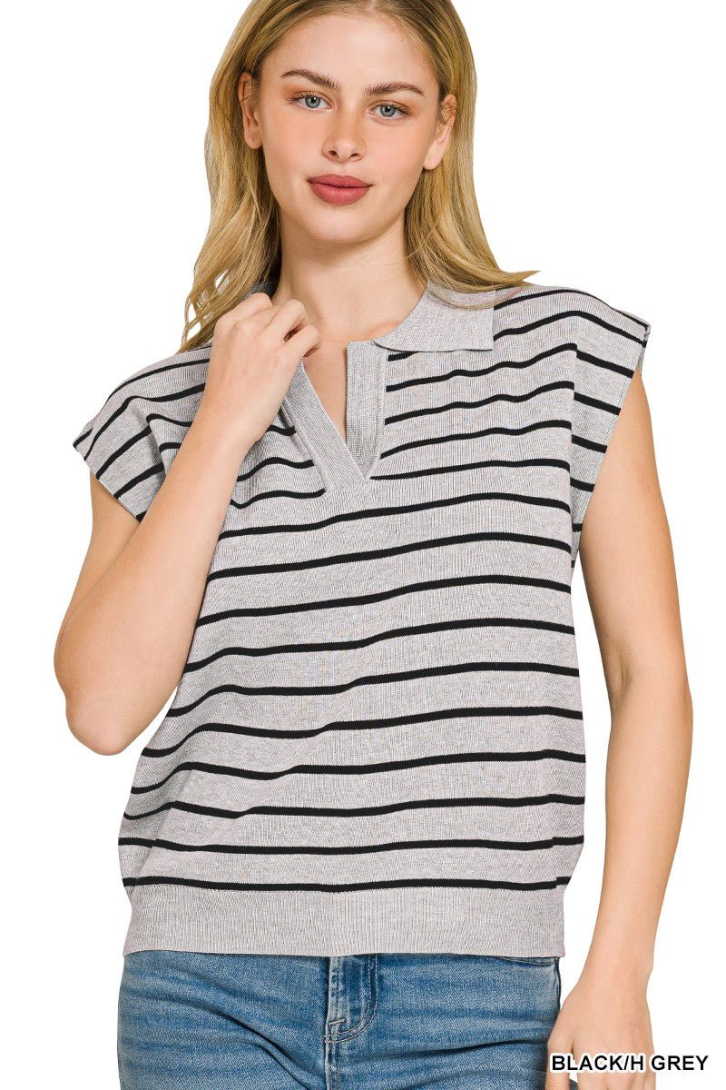Zenana Viscose Striped Collared Sweater Vest - Wow Store