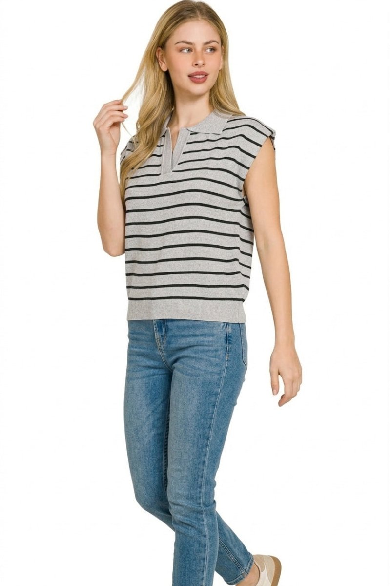 Zenana Viscose Striped Collared Sweater Vest - Wow Store