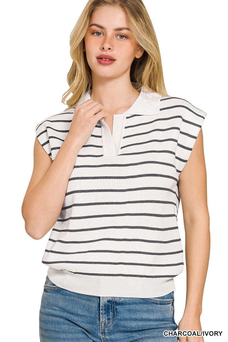 Zenana Viscose Striped Collared Sweater Vest – striped knit sleeveless top with polo collar in soft neutral tone