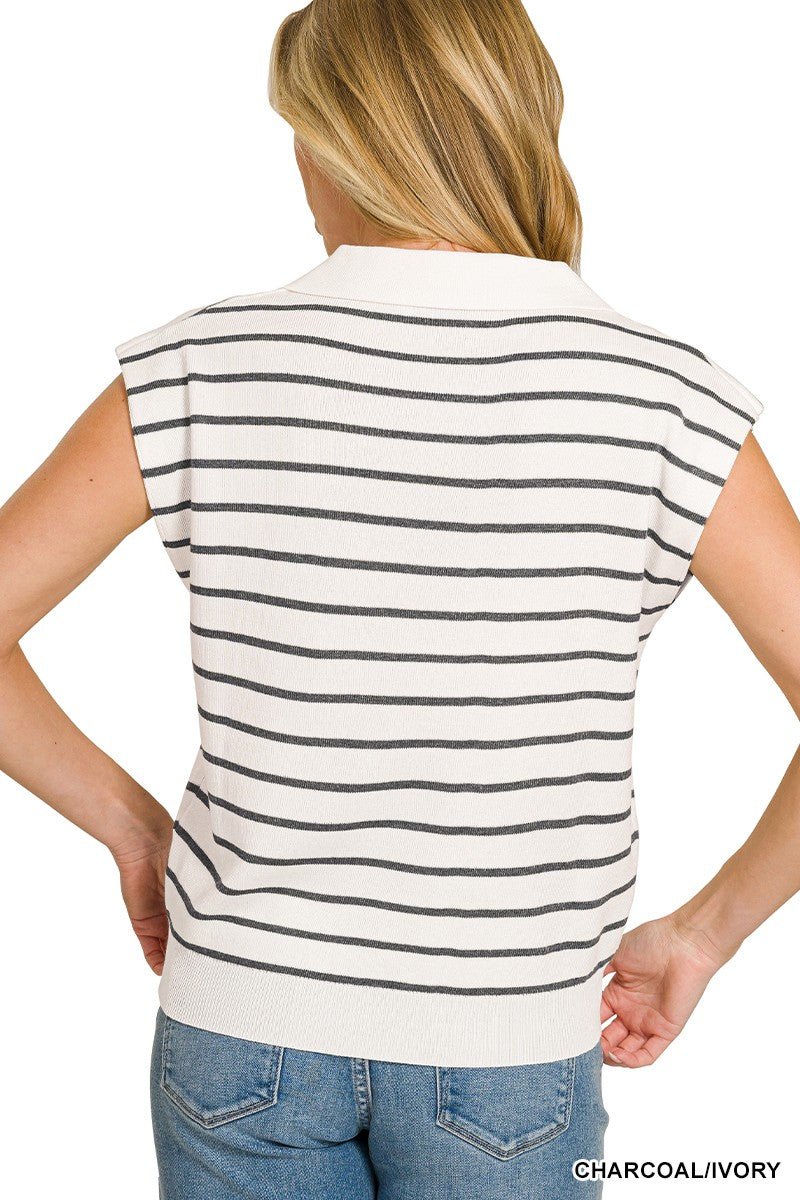Zenana Viscose Striped Collared Sweater Vest - Wow Store